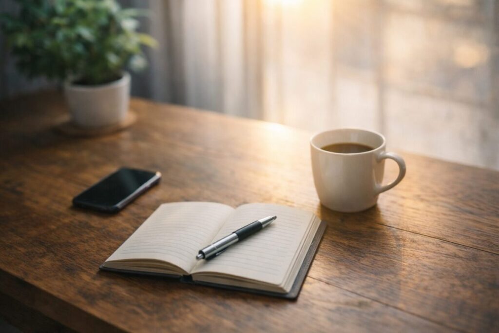 スマホから離れてノートとペンで自分の時間を過ごす朝のデスク風景