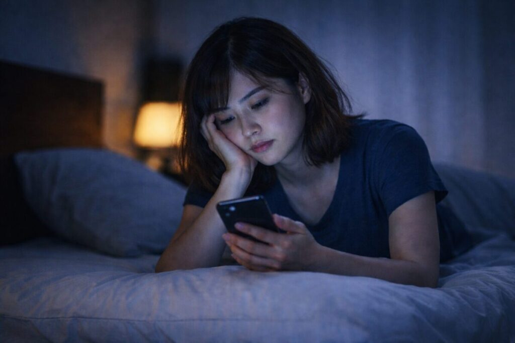 SNSやネットを見続けて不安そうな表情でスマホを見る若い女性