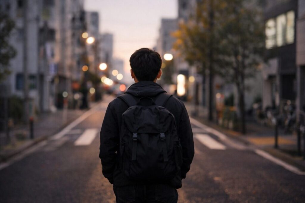 リュックを背負って前を向いて歩く会社員の後ろ姿