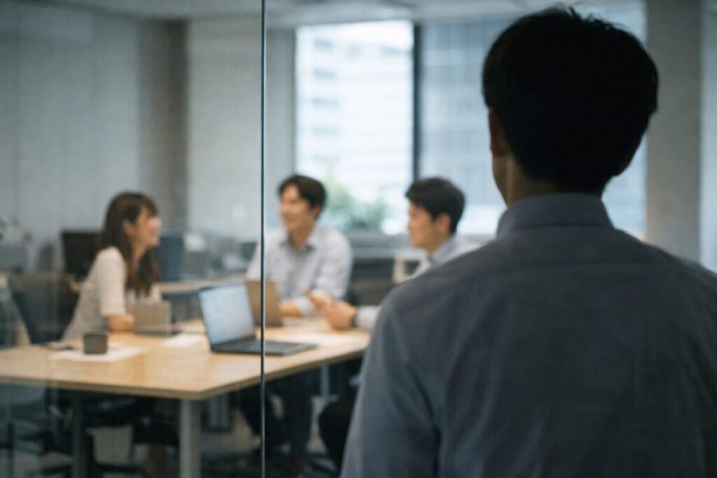 職場の輪から少し距離を置いている会社員の後ろ姿の写真