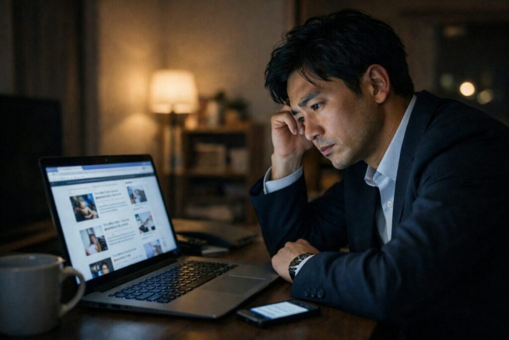 副業選びに悩んでパソコン画面を見つめる会社員のイメージ写真