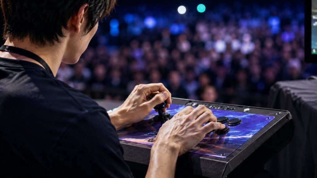 ライブ会場でアーケードスティックを操作する選手の手元と緊張感のあるステージ照明