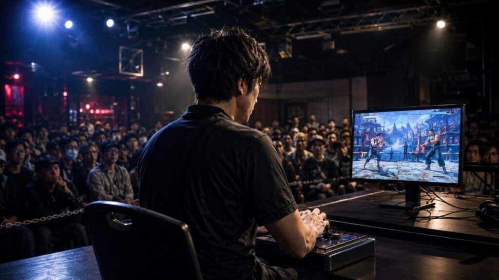 ライブ会場で観客を背にアーケードスティックを握る格闘ゲーム選手の後ろ姿