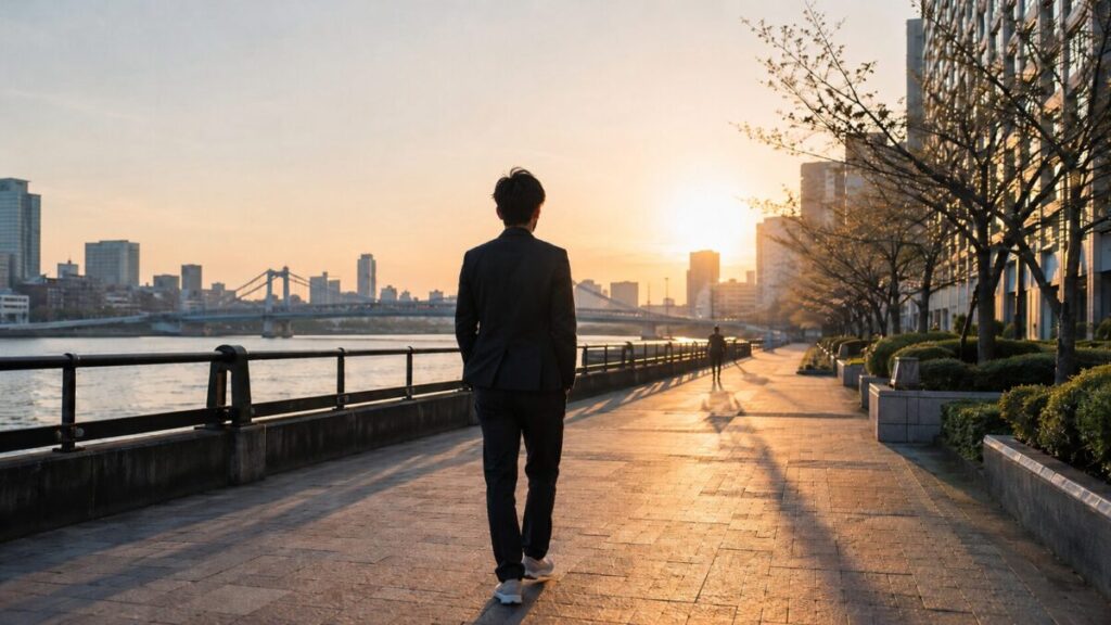朝の川沿いを前に向かって歩く男性の後ろ姿と、静かな都市風景