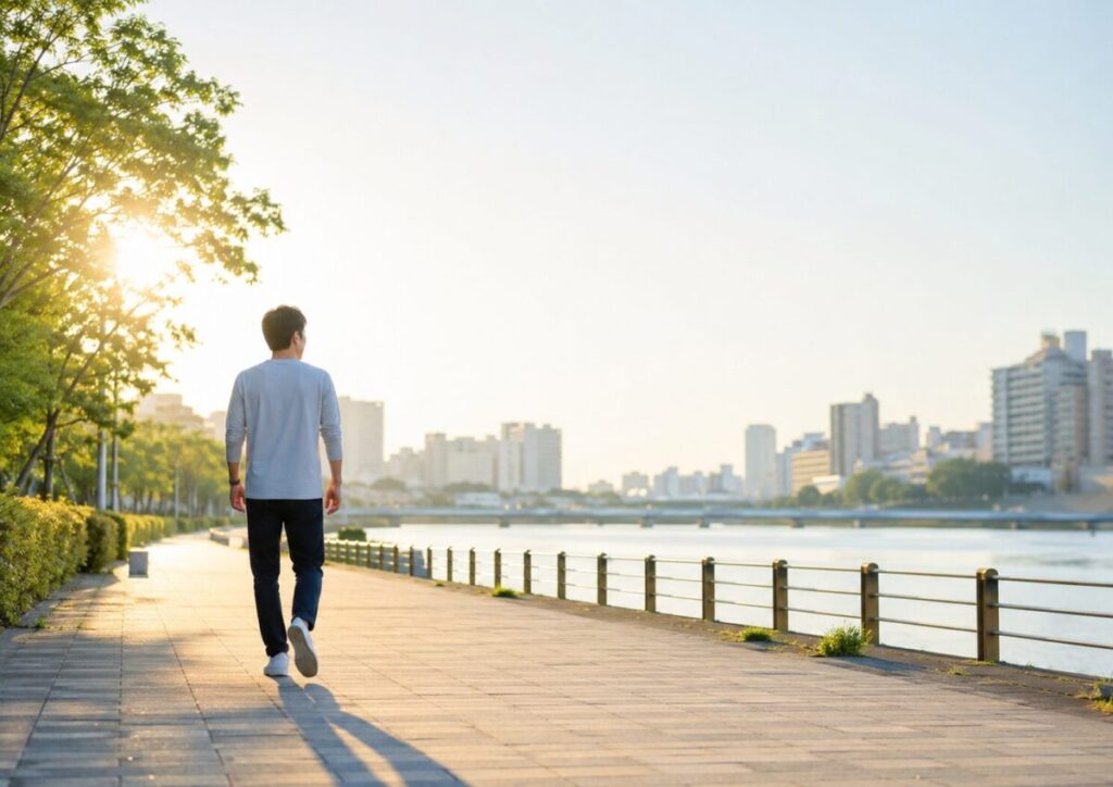 朝の光の中を前に向かって歩く男性の後ろ姿