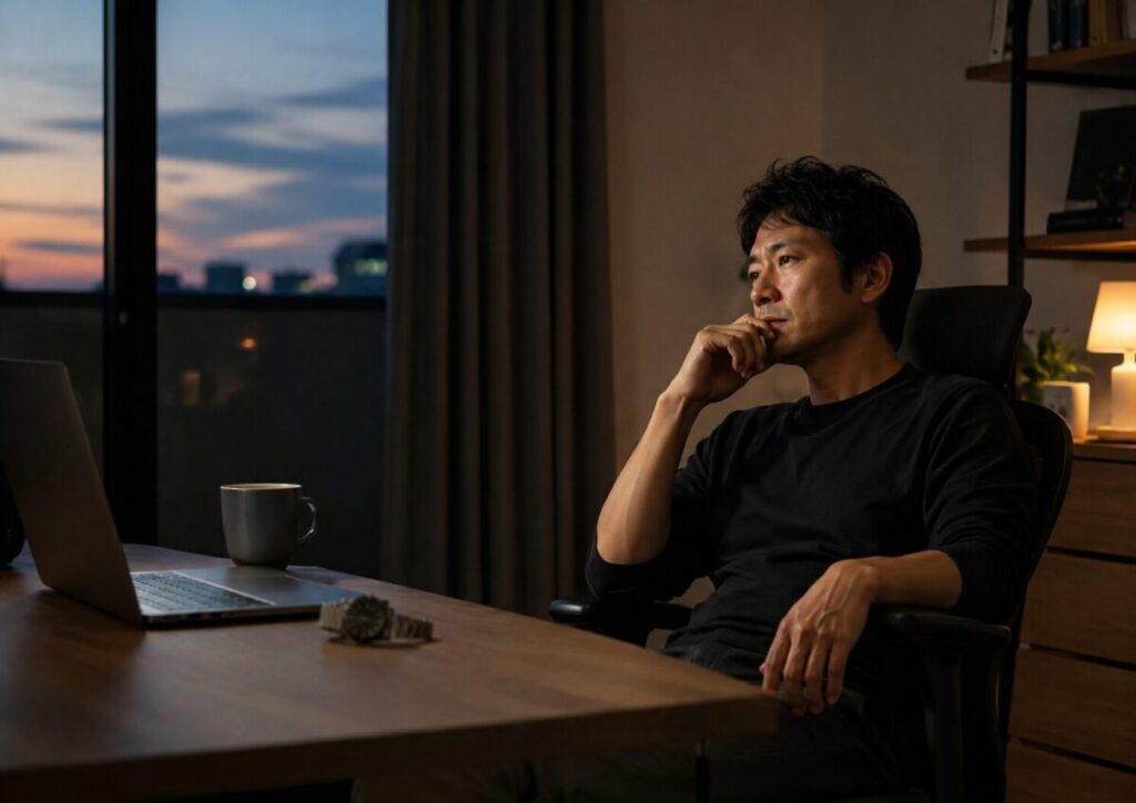 仕事のことが頭から離れず、夜の自宅で考え込む男性