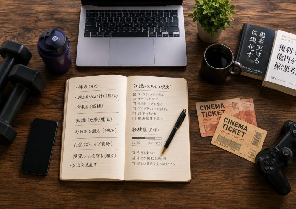 大人になってから育てたい体力、知識、資産、趣味を表す机の上のアイテム