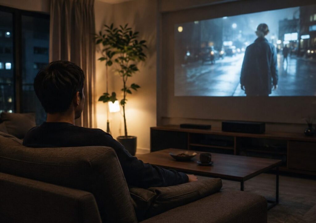 映画を観ながら仕事から気持ちを切り離す男性