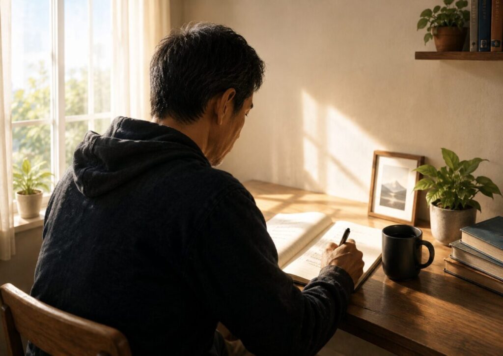 朝のデスクでノートに今日の経験値を書き込む男性