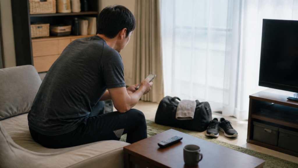 休日の朝にジムへ行くか迷っている男性