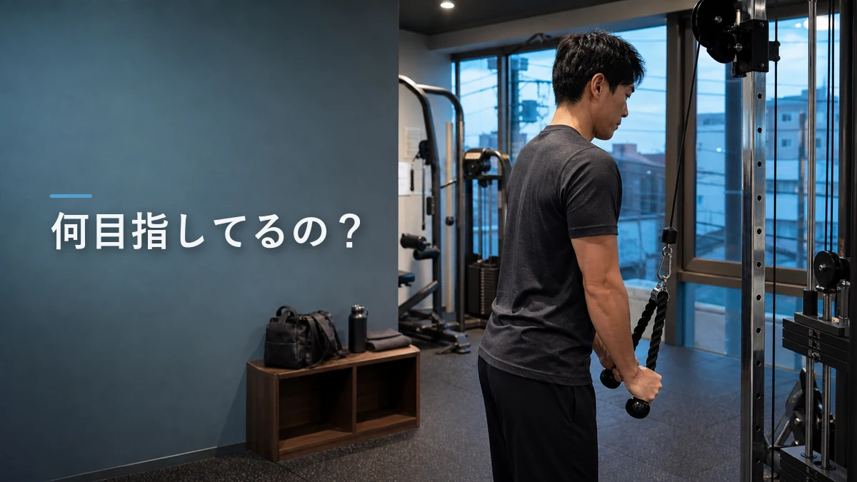 ジムで筋トレをする男性と『何目指してるの?』の文字