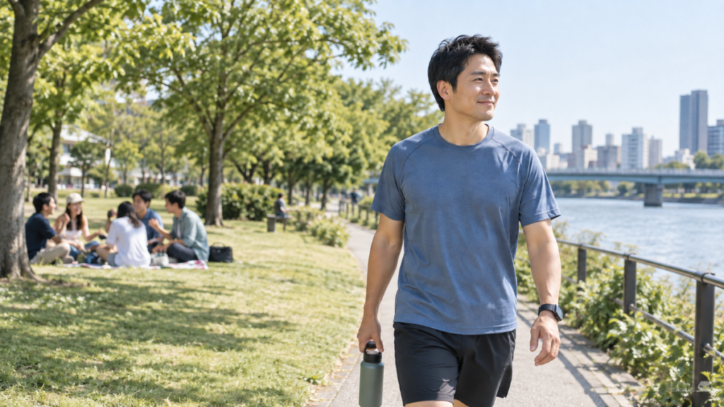 公園で談笑するグループのそばを、一人で歩く男性