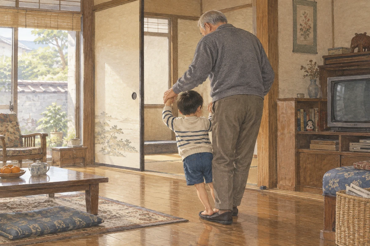 祖父の足に自分の足を乗せて一緒に歩く幼い男の子のイメージ