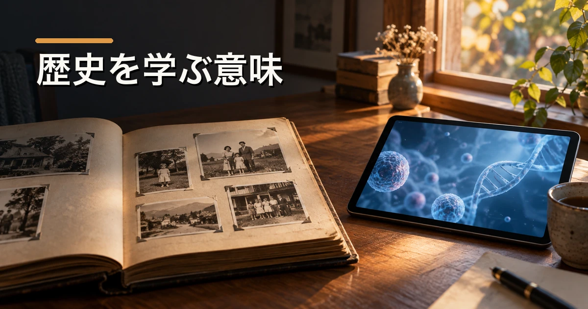 古い家族写真と未来の生命科学を対比した「歴史を学ぶ意味」のイメージ