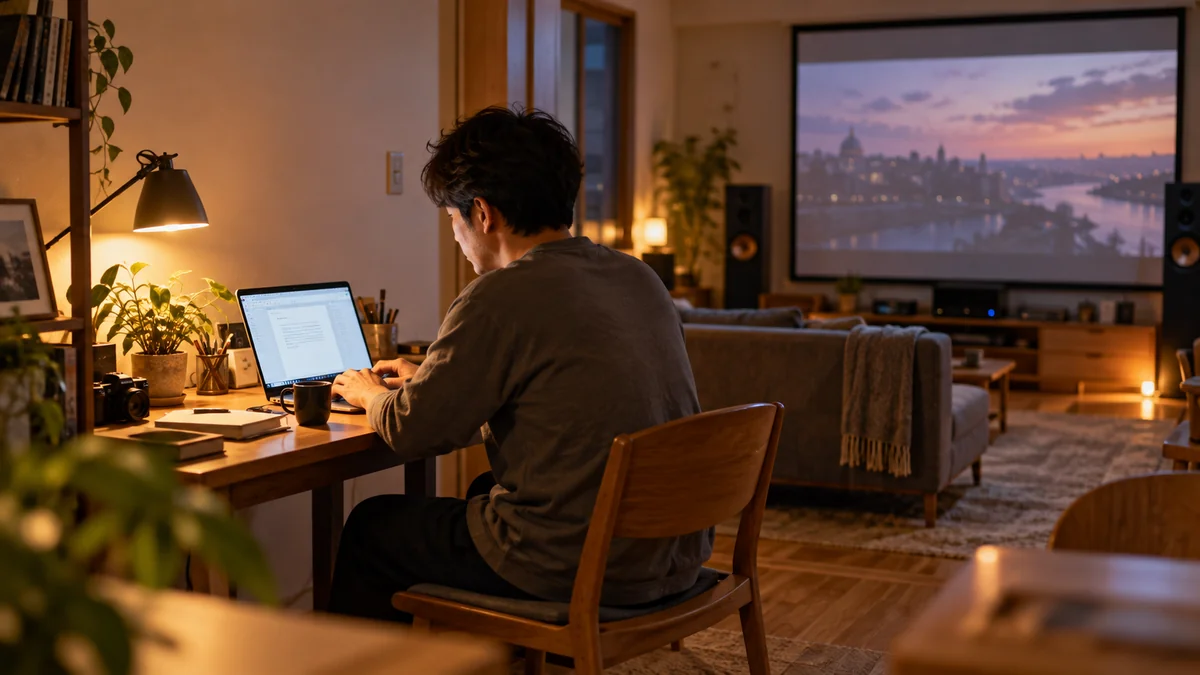 自宅でAIを活用しながらブログを制作する会社員のイメージ