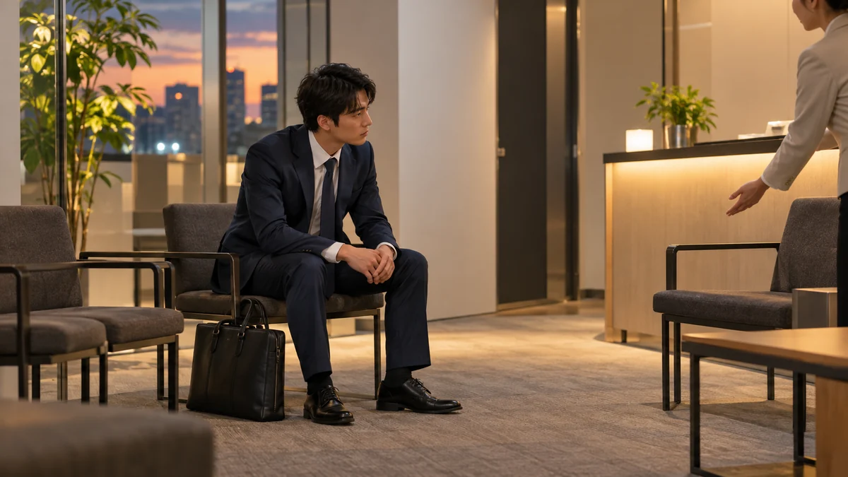 真夏の転職面接で、汗だくの応募者が椅子に座って落ち着く場面のイメージ