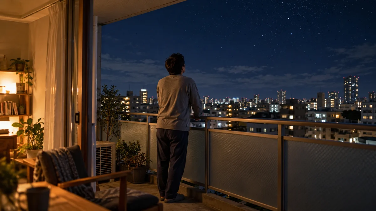 自宅のベランダで夜空を見上げる40歳前後の会社員の後ろ姿を描いた生成イメージ