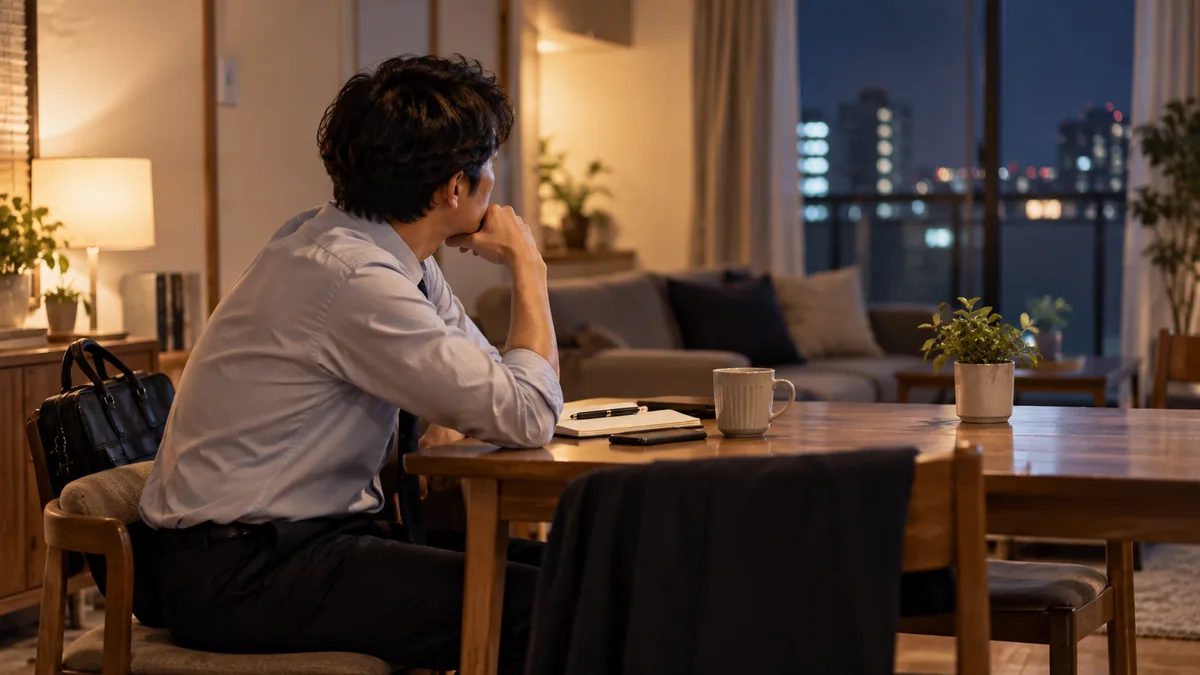 仕事で理不尽に怒られ、帰宅後もモヤモヤを整理している会社員のイメージ